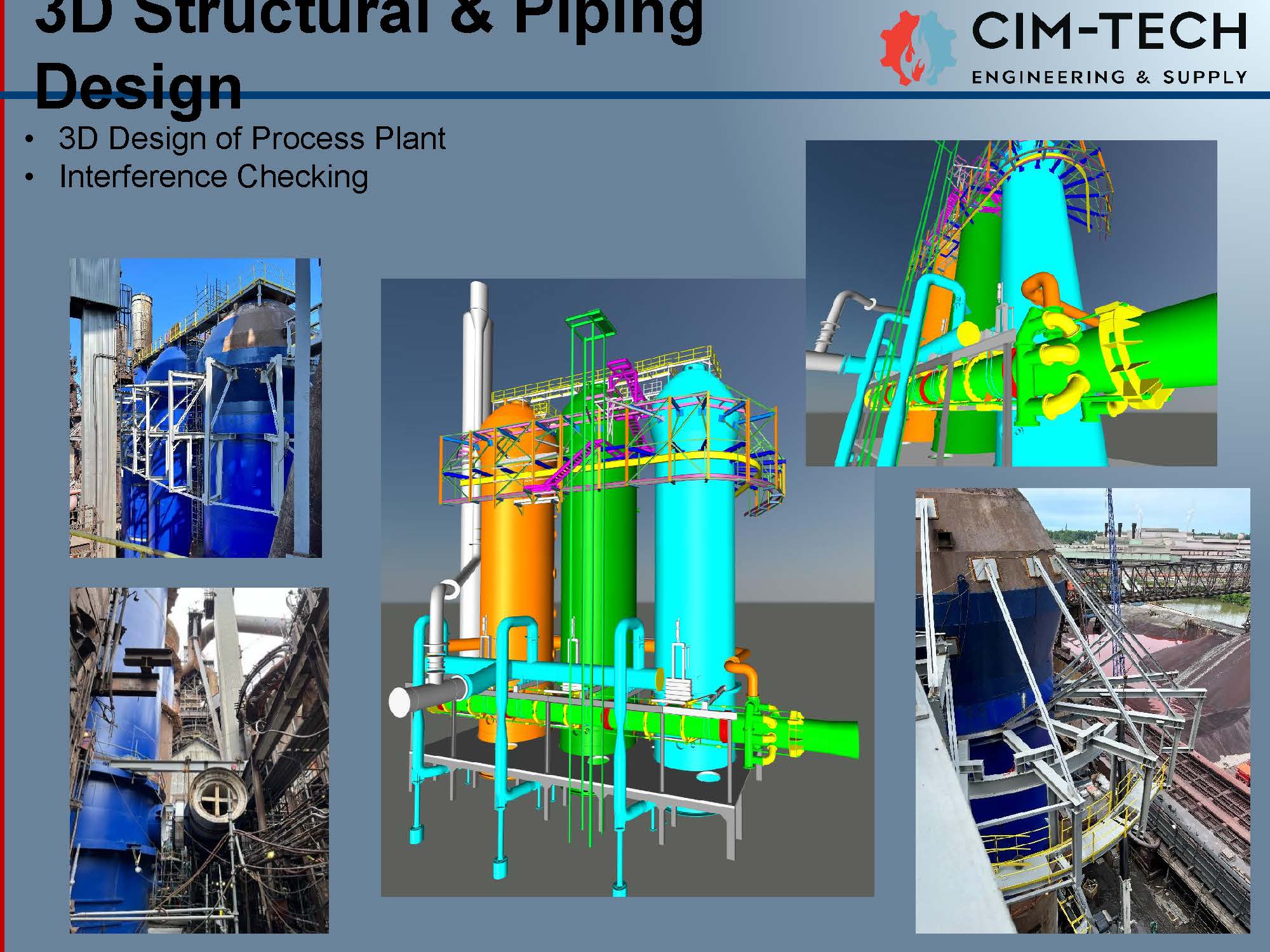 3D structural and piping design images from CIM Tech, featuring process plant designs and interference checking