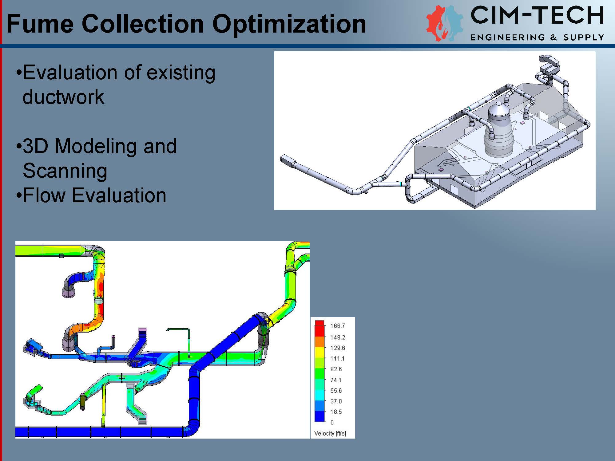 fume collection optimization with ductwork evaluation and flow analysis visuals