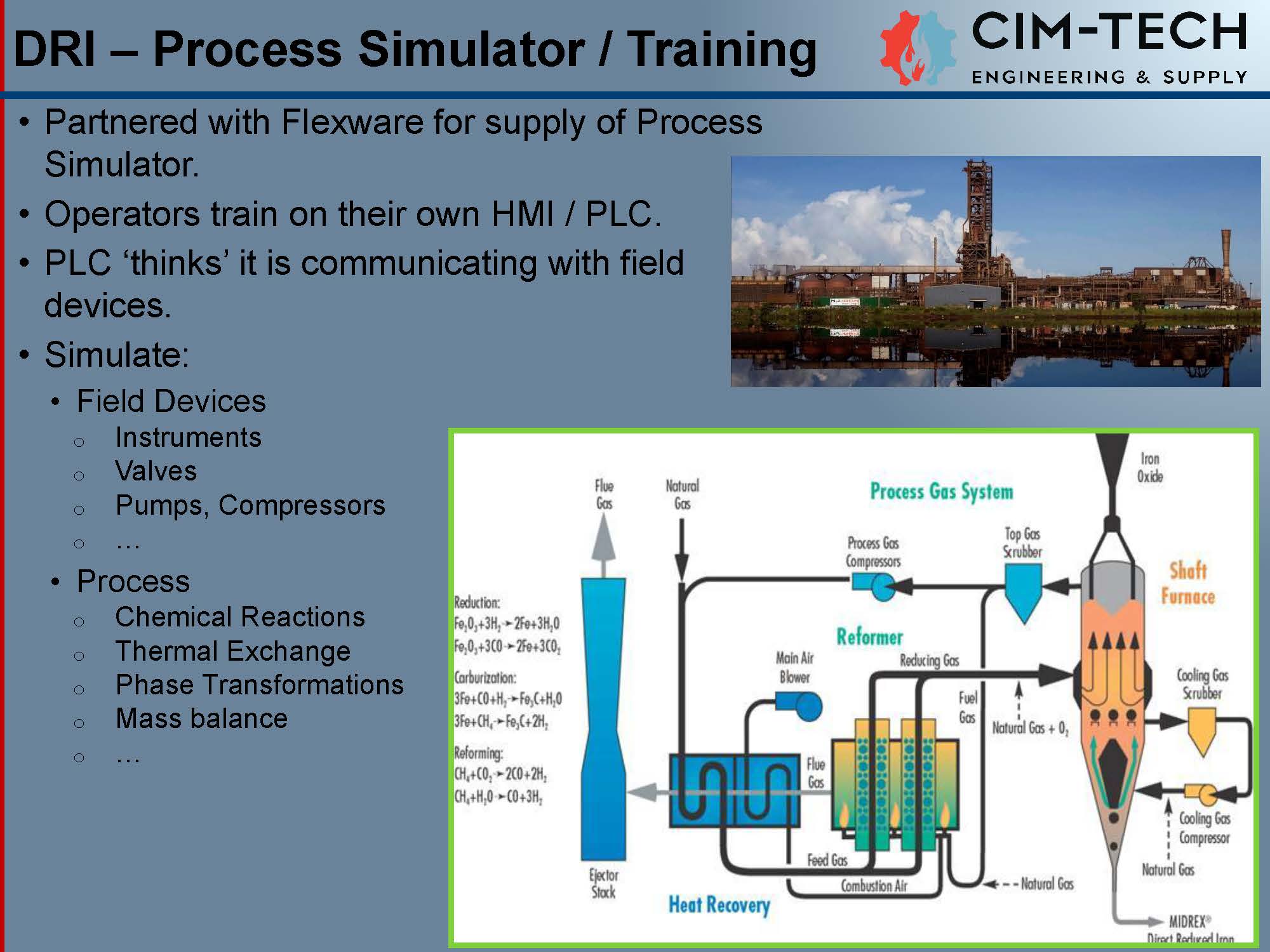 DRI process simulator and training diagram with field device simulation