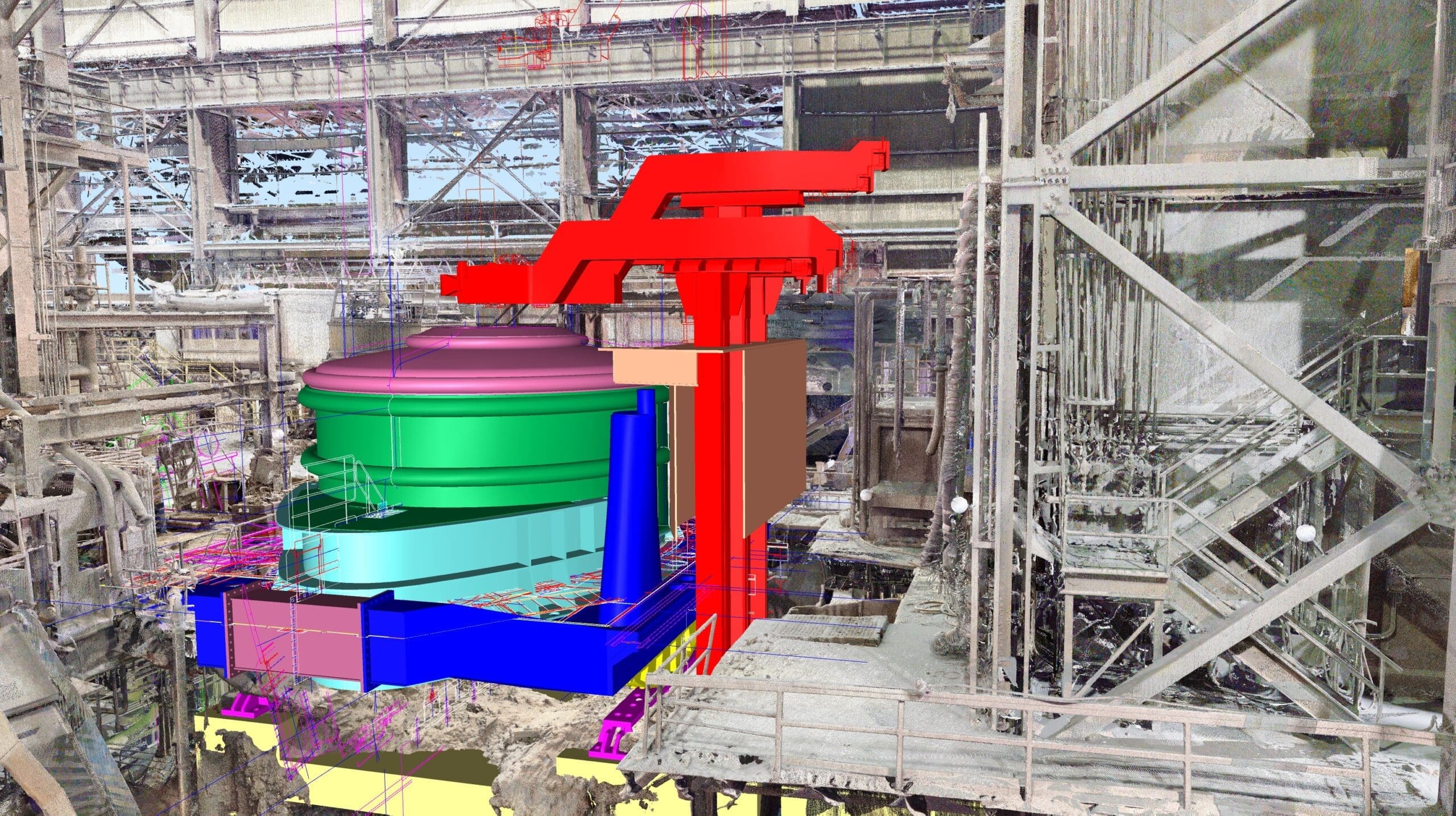 3D model of industrial equipment integrated into a factory setting